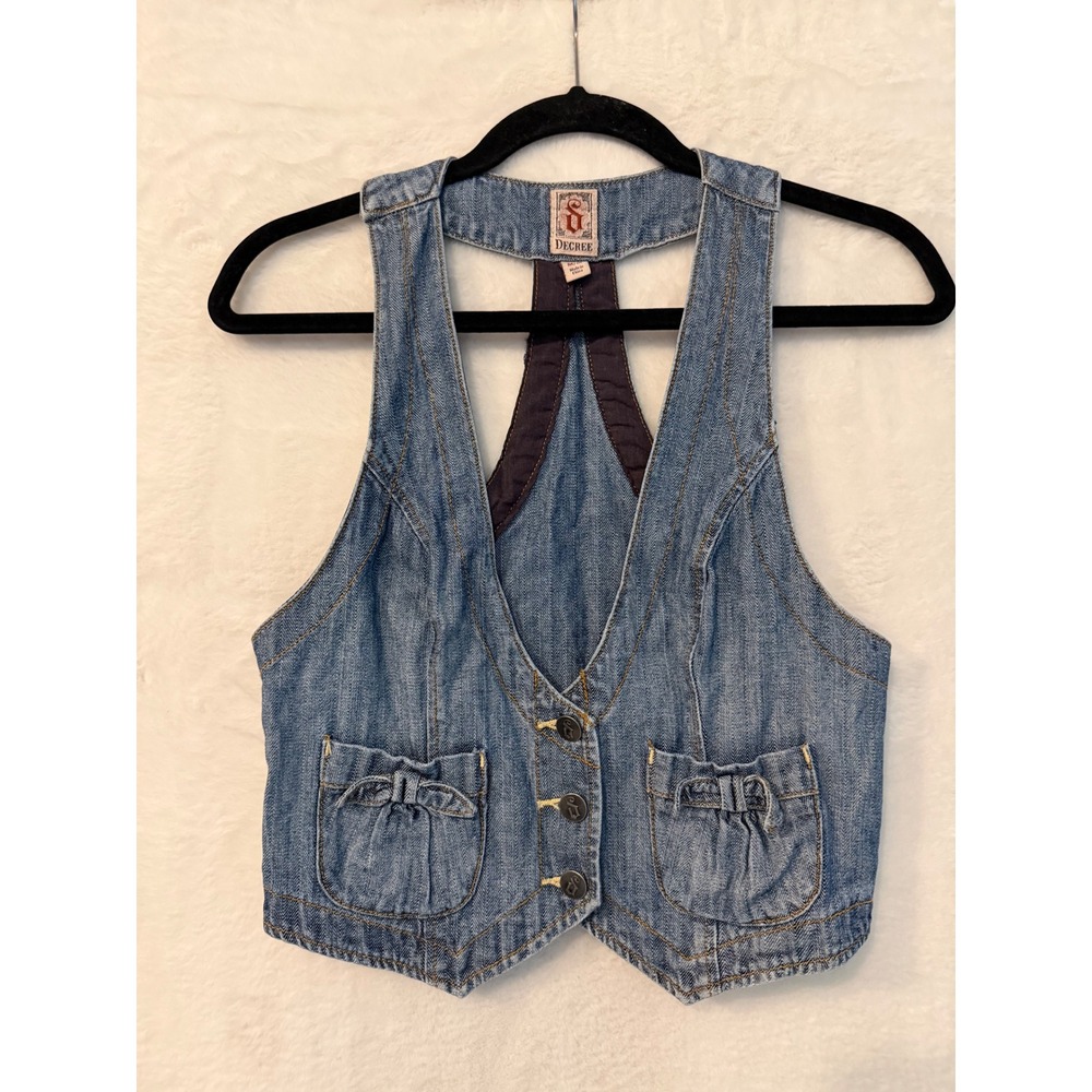 Decree Denim Vest Womens Medium Blue Cotton Cropped Racerback Boho Y2K Button Up